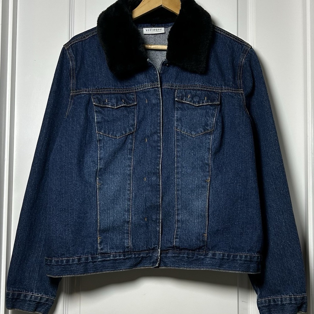 Villager Liz Claiborne‎ Vintage Y2K Dark Wash Blue Denim Faux Fur Collar Jacket